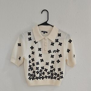 Zara Cream and Black Floral Polo Shirt